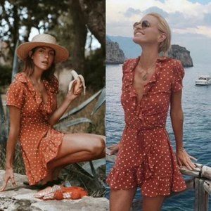 Realisation Par 100% Silk Brown Polka Dot Ruffle Wrap Dress‎ Size XS Valentina